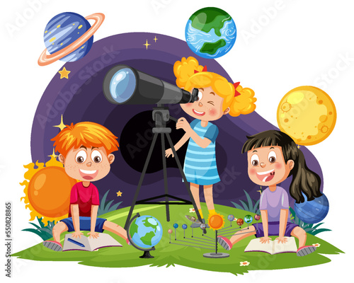 Kids observing planets with telescope