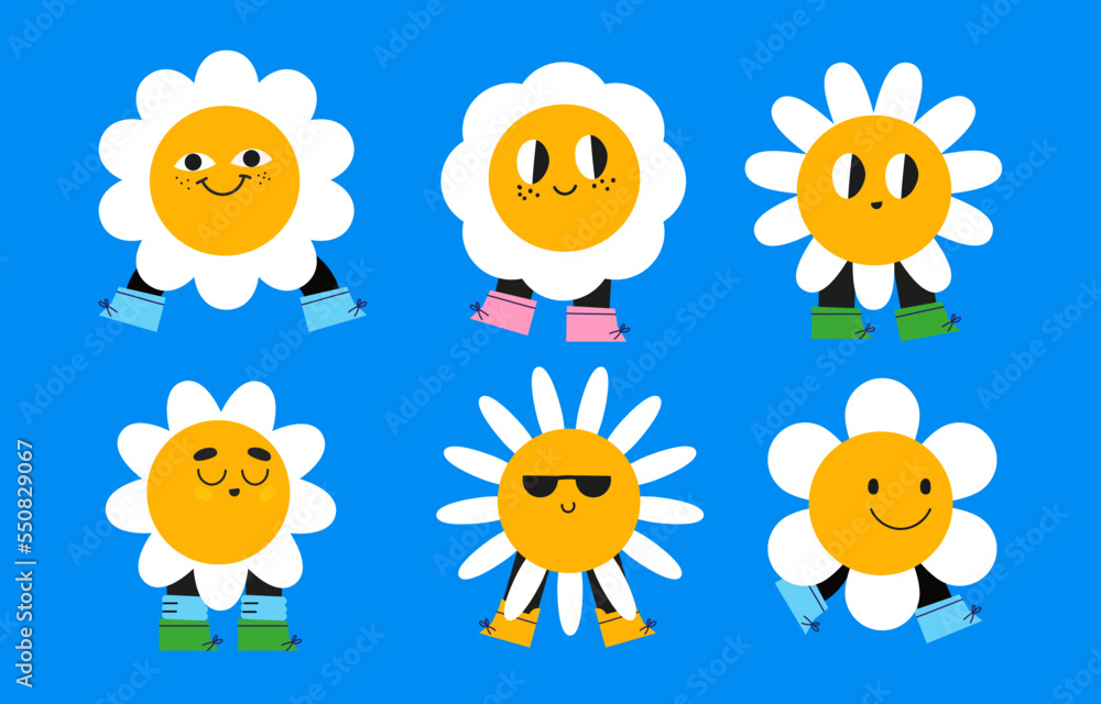 Fototapeta premium Cute flat daisy character set, fun camomile decorative design with legs. Pretty flower baby for print design