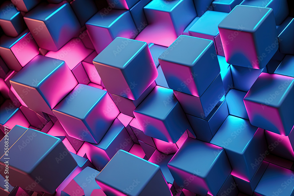Abstract faceted pink and blue glowing neon light background. Square tiles, modern geometric texture, cyber network concept. Digital art Abstract faceted pink and blue glowing neon light background. Square tiles, modern geometric texture, cyber network concept. Digital art
