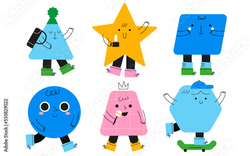 Elementary school geometric characters set, flat simple style, modern mascot collection, education concept with star