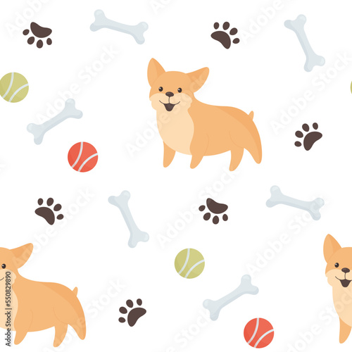 seamless pattern with adorable corgi puppies, paw prints and pets toys