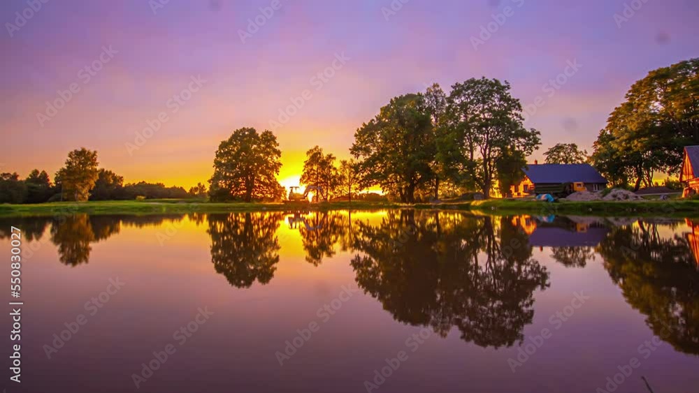 Majestic Sunset Timelapse Of Over Lake With Pink, Purple Cloudscape Skies. Static Shot Majestic Sunset Timelapse Of Over Lake With Pink, Purple Cloudscape Skies. Static Shot