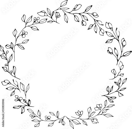 Wreath with graphic vector plant branches with buds and berries