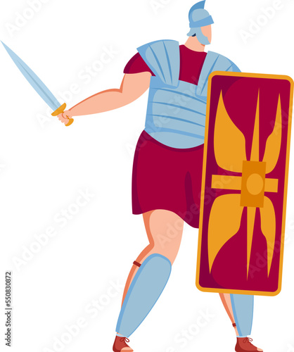 Fight warrior romans, sword armor berserker, soldier man, isolated on white, war hero, design, flat style vector illustration.