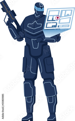 Robocop modern technology, new era car, police robot concept, science fiction soldier, design, flat style vector illustration. photo