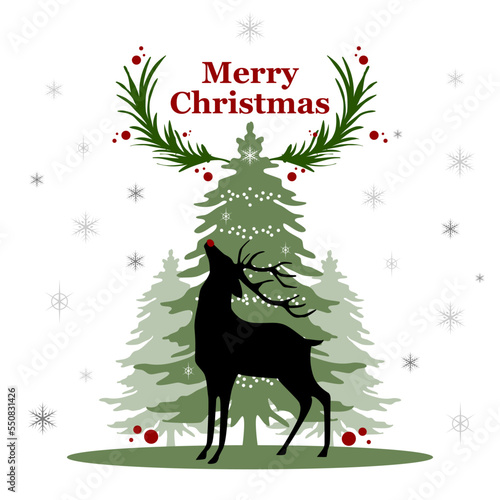 Christmas vector illustration with Christmas tree, reindeers, floral frames and backgrounds.