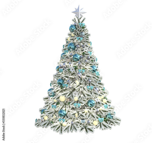 3D Render : Christmas tree decorating with light blue theme ornament on the white background, PNG transparent for graphic resources