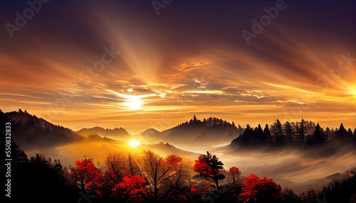 forest in red foliage at autumn night. trees with branches with red foliage in forest. hillside in mountains with high peak in the distance in full moon light