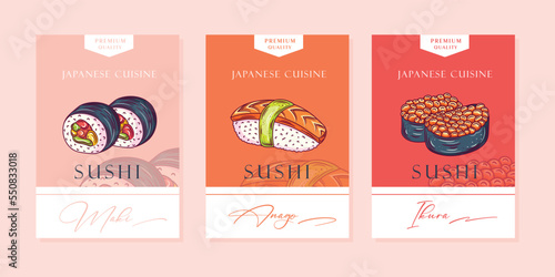Sushi Abstract Vector Packaging Labels Design Set. Traditional Asian Cuisine Vector Emblems Collection. Japanese Food Abstract Signs, Symbols or Logo Templates.