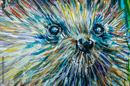 Vibrant multi-colored original acrylic painting on paper close up detail showing brushwork and  texture. A hedgehog face.