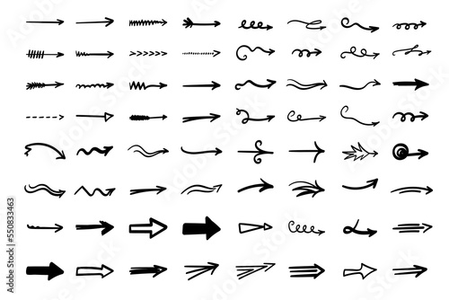 Arrows set. Hand drawn direction indicator elements. Simple doodle pointers for interface design  cursors right.Isolated.Vector illustration