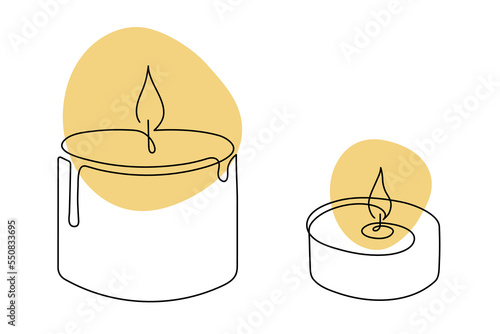 Candle one-line continuous contour,blackout time burning skied ball illumination.Hand-drawn contour outline,candlelight fire,decoration for power outage or romantic dinner.Editable stroke.Isolated