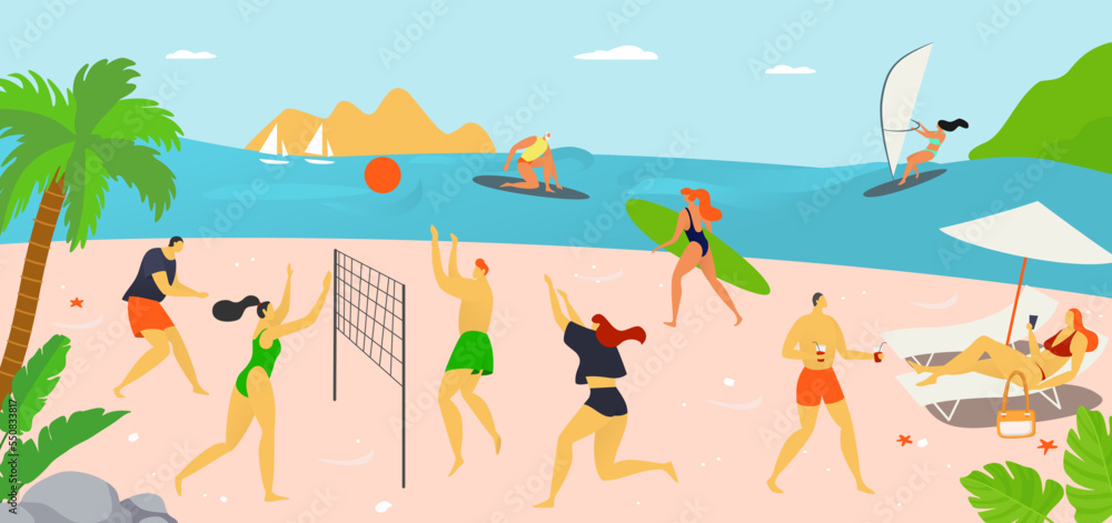 Obraz premium Hot country vacation, people young character spend time play together beach volleyball, tropical relax coastside flat vector illustration.