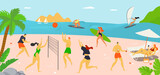 Hot country vacation, people young character spend time play together beach volleyball, tropical relax coastside flat vector illustration.