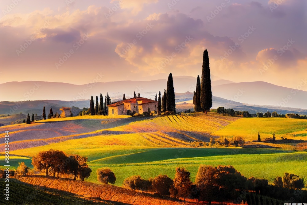 Fototapeta premium Typical Tuscan view with farmhouse and cypress trees. Colorful summer view of Italian countryside, Val d'Orcia valley, Pienza location. Beauty of countryside concept background.