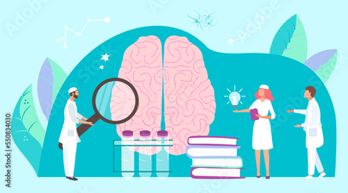 Medical doctor character hold magnifying glass research human brain, tiny biology scientific brilliant idea flat vector illustration.