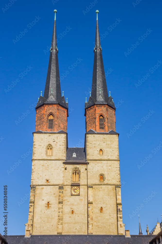 Towers of the historic market church in Halle, Germany