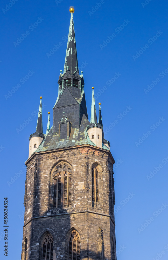 Historic red tower on the market square of Halle, Germany Historic red tower on the market square of Halle, Germany