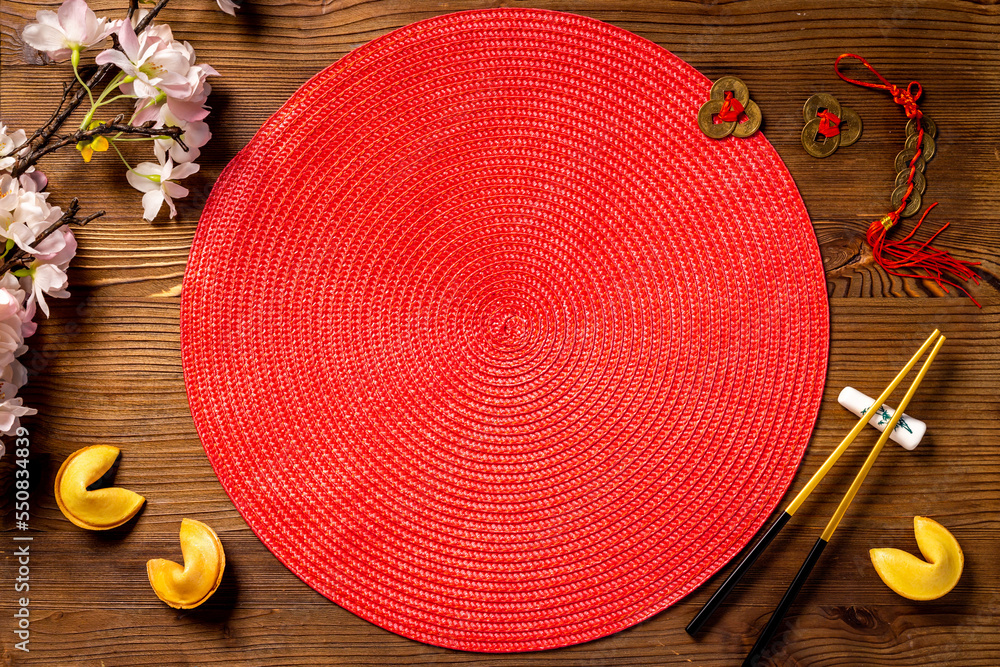 Red bamboo mat mock up for Chinese New Year tabble place setting Red bamboo mat mock up for Chinese New Year tabble place setting