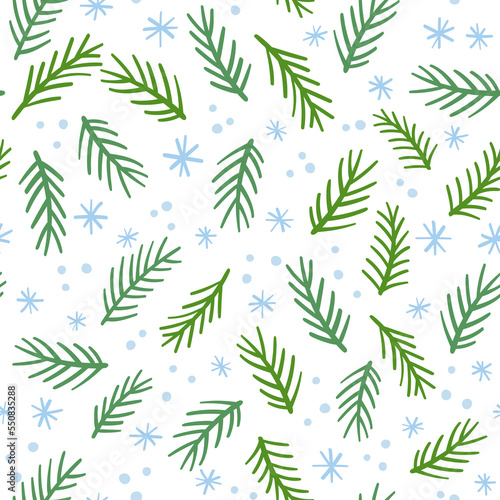 Christmas tree twigs seamless pattern with snowflakes and doodle branches,hand-drawn festive background for New Year holiday,drawing by ink,marker.Traditional decoration.Isolated.Vector illustration