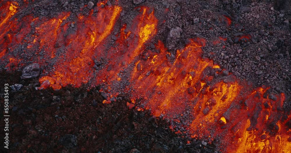 Lava flow from the Hawaii Mauna Loa volcano eruption of 2022, Hot lava and magma flowing down the mountain,  Shot on RED