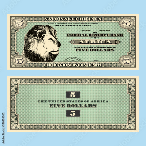 Vector fictional African money with a face value of 5 dollars. Obverse and reverse of the banknote with a guilloche frame and head of lion.