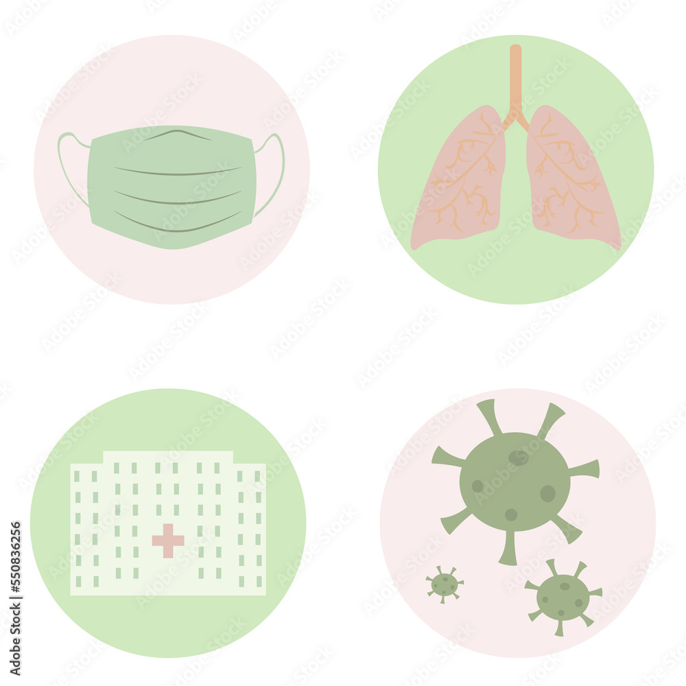 Set of covid symbols, seamless hospital, mask, lungs, bacteria virus
