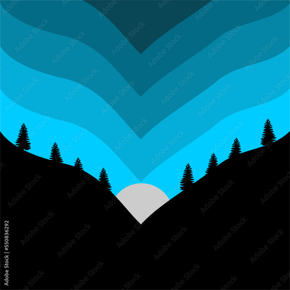 vector illustration of a hill with the moon in the middle and gradation of the sky in the evening..suitable for background,etc