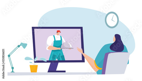 Online delivery delicious food, tiny character postman foodstuff platter, internet laptop order meal flat vector illustration, isolated on white.