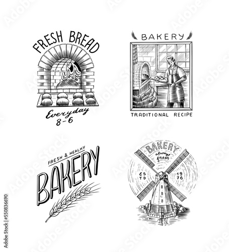 Man baker in uniform cooking bread in the oven. Long loaf or baguette. Engraved hand drawn in old sketch and vintage style for label, logo and menu, bakery shop.