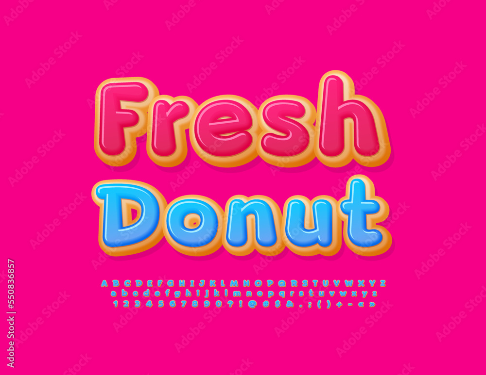 Vector delicious emblem Fresh Donut with creative Font. Abstract style Alphabet Letters and Numbers set