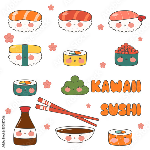 Cute endless pattern with sushi, rolls and gunkans. Kawaii ornament with traditional Japanese food. Asian cuisine. Stock vector illustration.