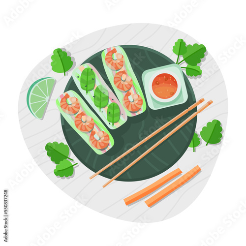 Top view of spring rolls with vegetables, sauce and shrimp