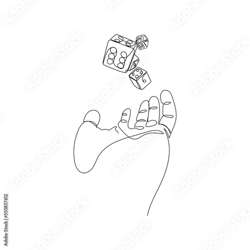 Hand with game dice. Person throwing craps. Gambler, business risk, casino concept in one continuous line drawing style. Hand drawn vector illustration.