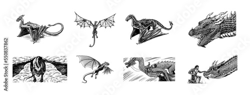 Set of Dragon in Vintage style. Mythological animal or traditional reptile. Symbol for tattoo or label. Engraved hand drawn line art old monochrome sketch, ink. Vector illustration. 