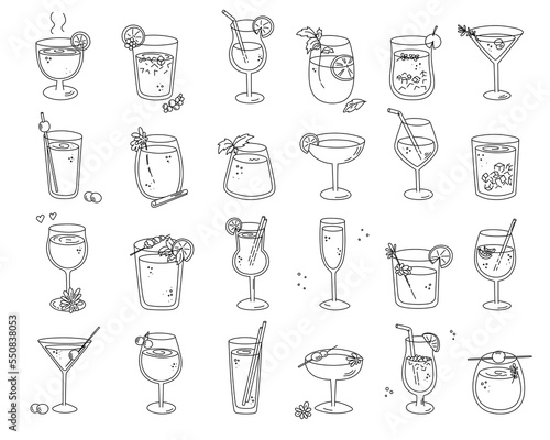 Alcoholic cocktails set, long drink beverages for holiday celebrating. Use for decorating design festive menu. Hand-drawn doodle style. Editable stroke. Isolated. Vector illustration