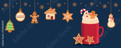christmas card with hanging gingerbread cookies and cocoa drink