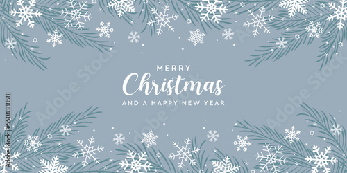 christmas winter background landscape fir branches border with snowfall