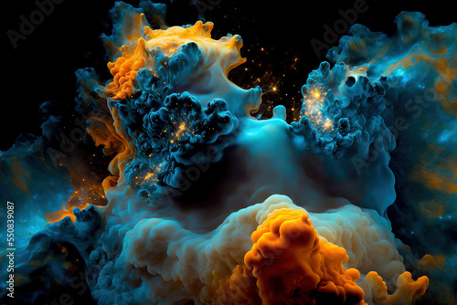 Close up porcelain nebulae cluster of reflective caustic lacquer, cerulean magma effluvium. 3d  abstract digital art photo