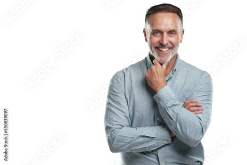 PNG studio portrait of a mature man looking thoughtful against a grey background