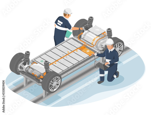 Electric car engineer production ev car assembly industry plant manufacturing lithium battery li ion pack parts worker checking isometric Isolated vector illustration
