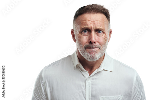 PNG studio portrait of a mature man looking scared against a grey background