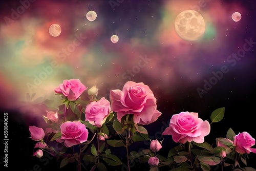 Fotografia Blooming pink roses flowers in fabulous night mystical garden on mysterious fair
