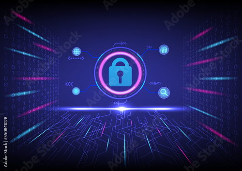 High-tech background, technology. Padlock. Information security system. For internet online, search and business. Binary numbers, circuits, glowing on blue gradient background.
