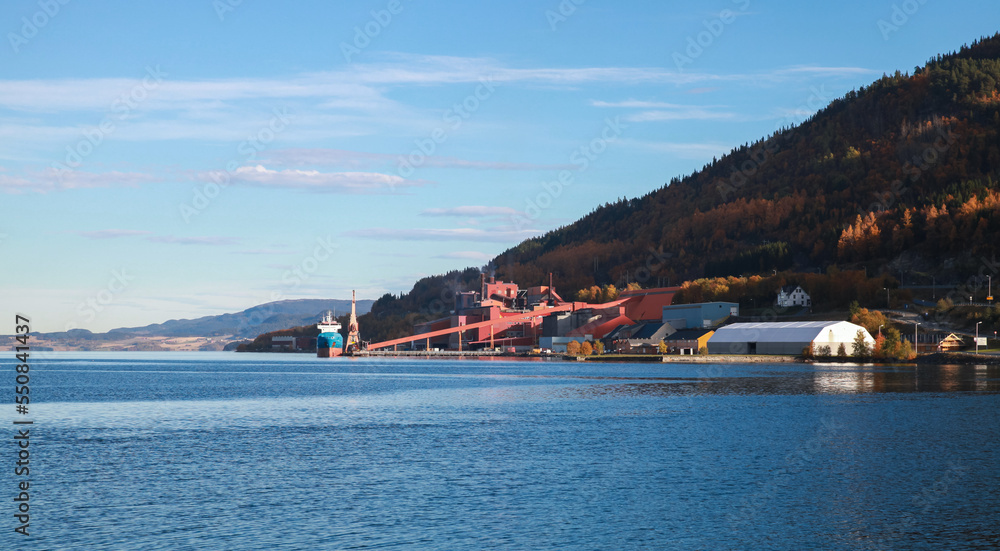 Coastal Norwegian landscape, Orkanger facility with large plant
