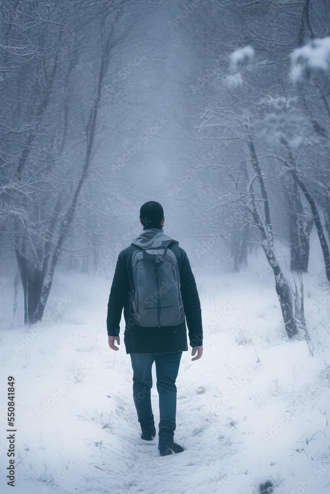 photo of a person walking through a snow-covered forest photo of a person walking through a snow-covered forest
