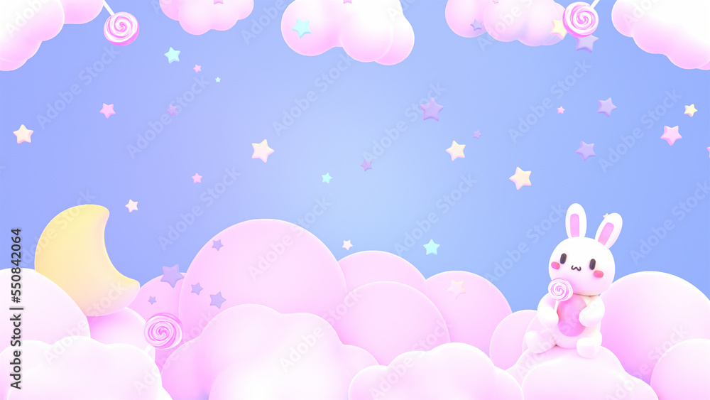 3d rendered kawaii bunny and moon on the pastel clouds. 3d rendered kawaii bunny and moon on the pastel clouds.