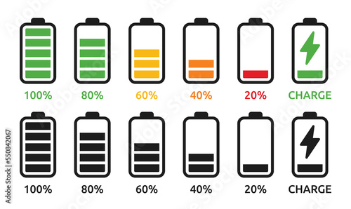 Battery level indicators icon set. Energy batteries or accumulators icon collection. Vector illustration.
