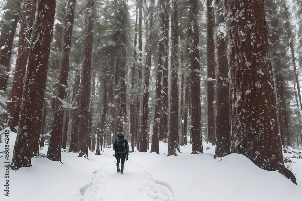 photo of a person walking through a snow-covered forest photo of a person walking through a snow-covered forest