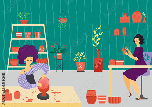 Professional people woman character hobby sculpture, female hold brush paint clay bowl flat vector illustration, favorite pastime.